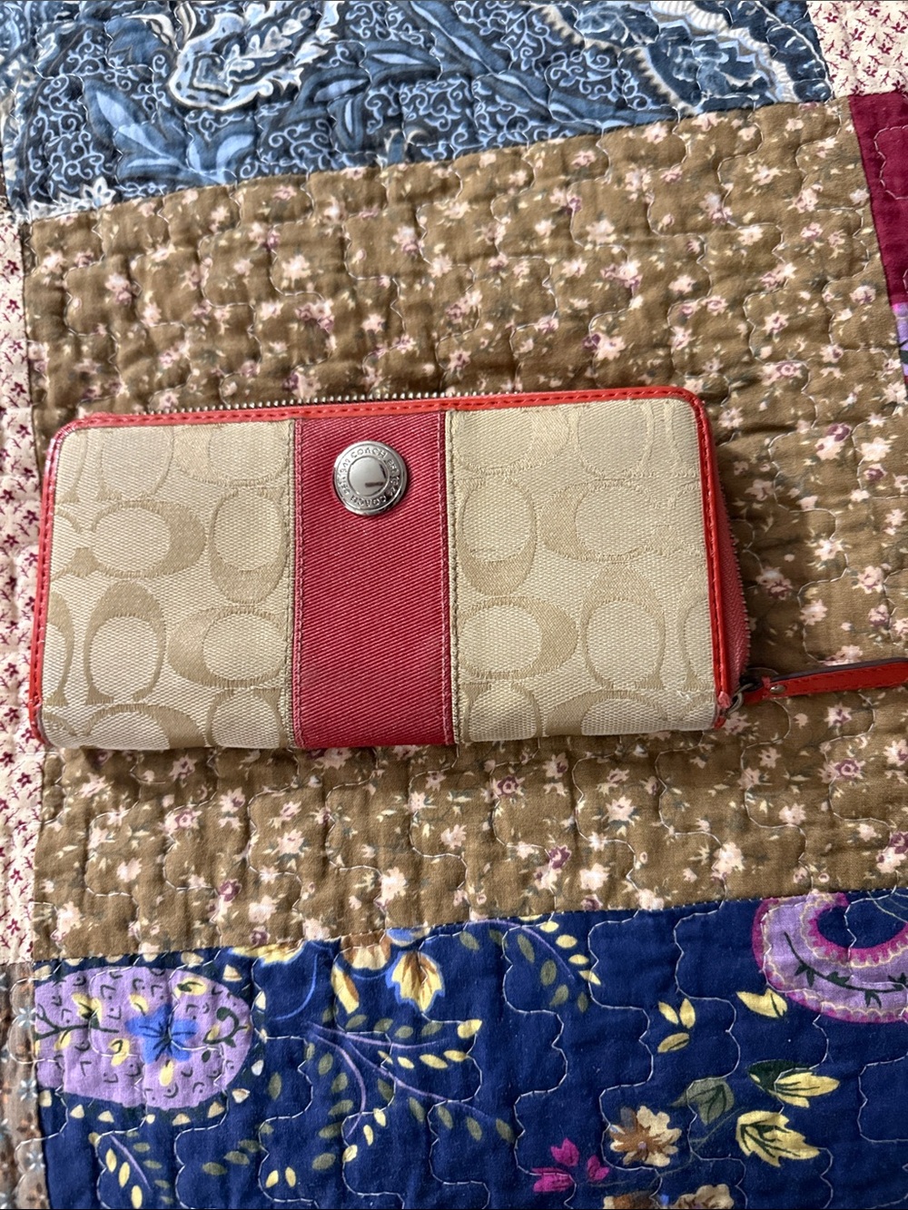 Coach Beige Signature Canvas Wallet with Red Stripe and Trim